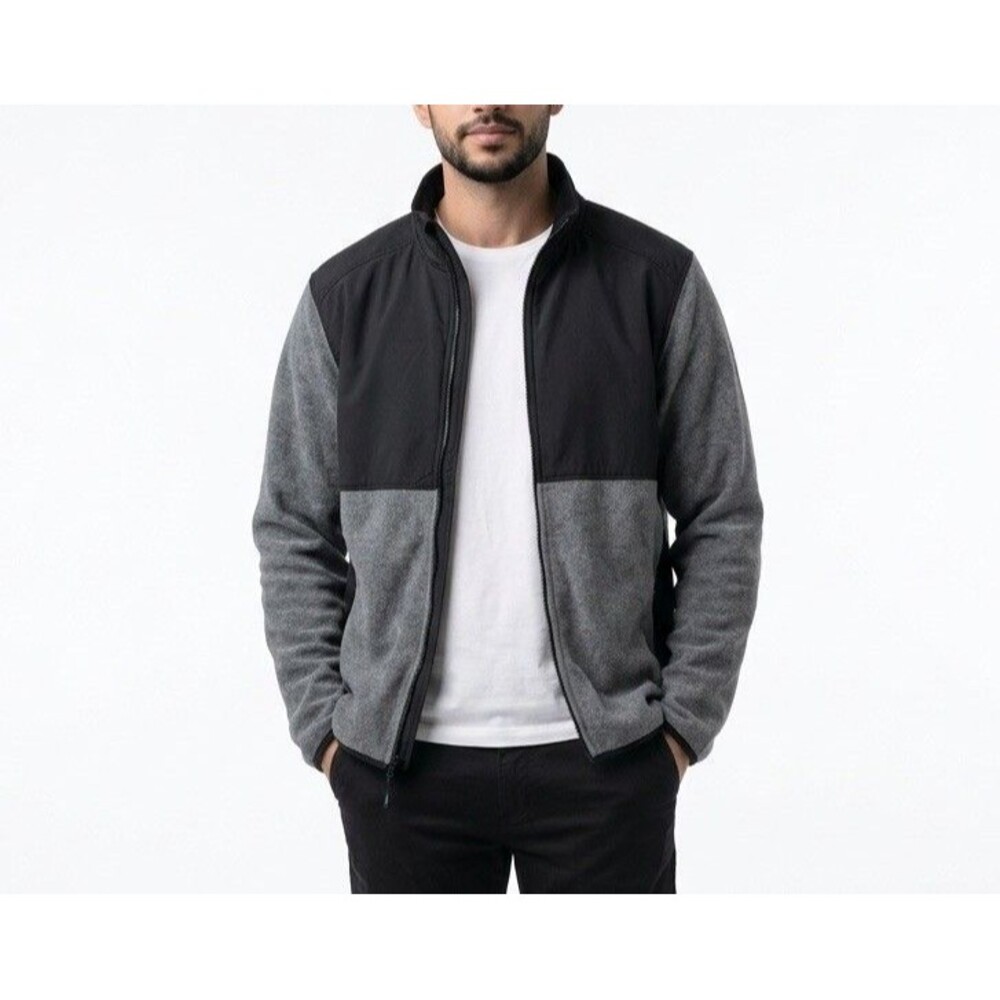 Old Navy Men’s XL Fleece Jacket Full Zip Gray Black Colorblock 100% Polyester